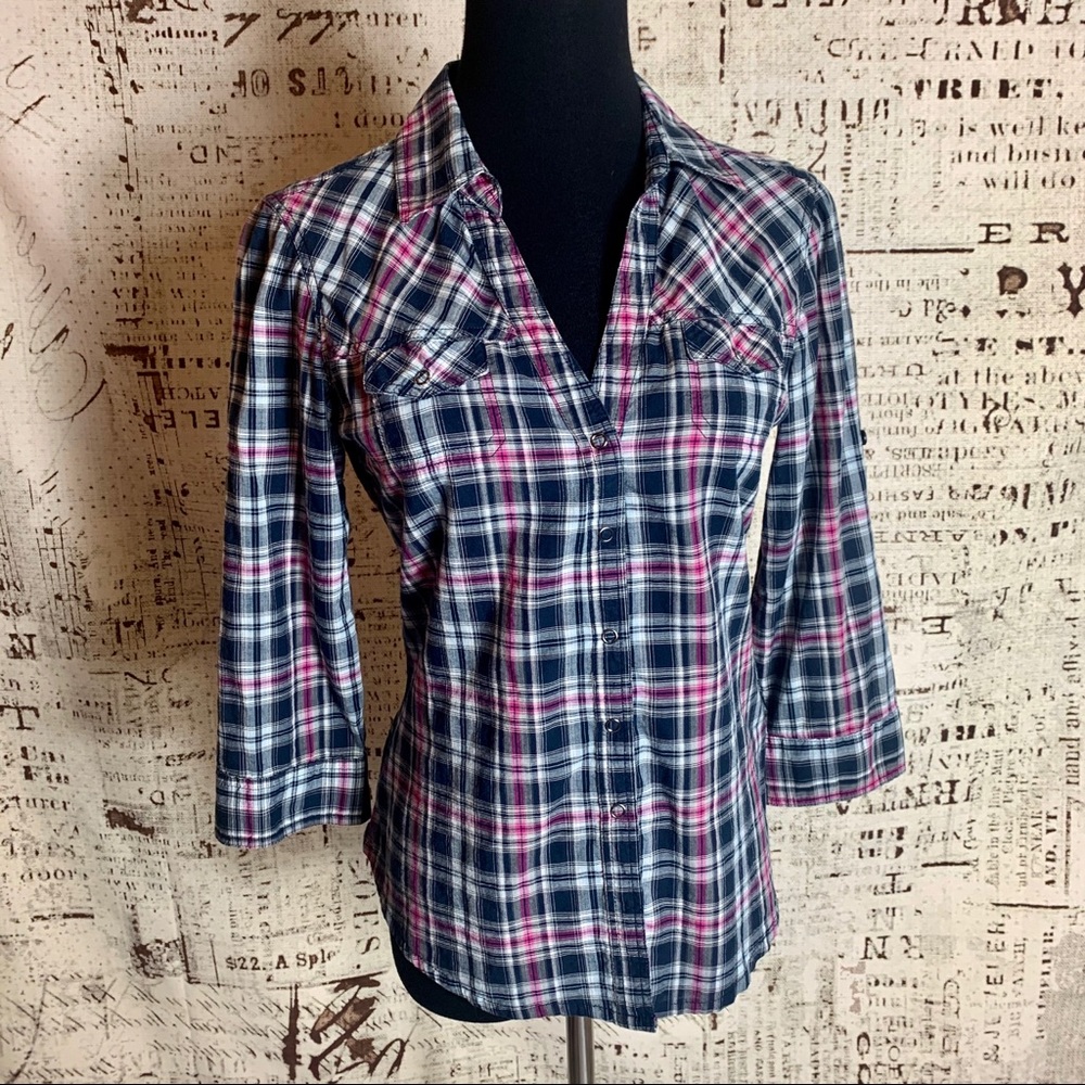Girl Krazy by Kitty Cat snap front plaid shirt Med